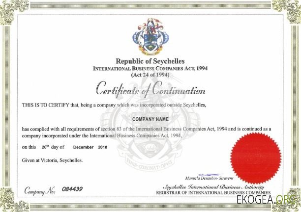 Certificat de continuation des Seychelles